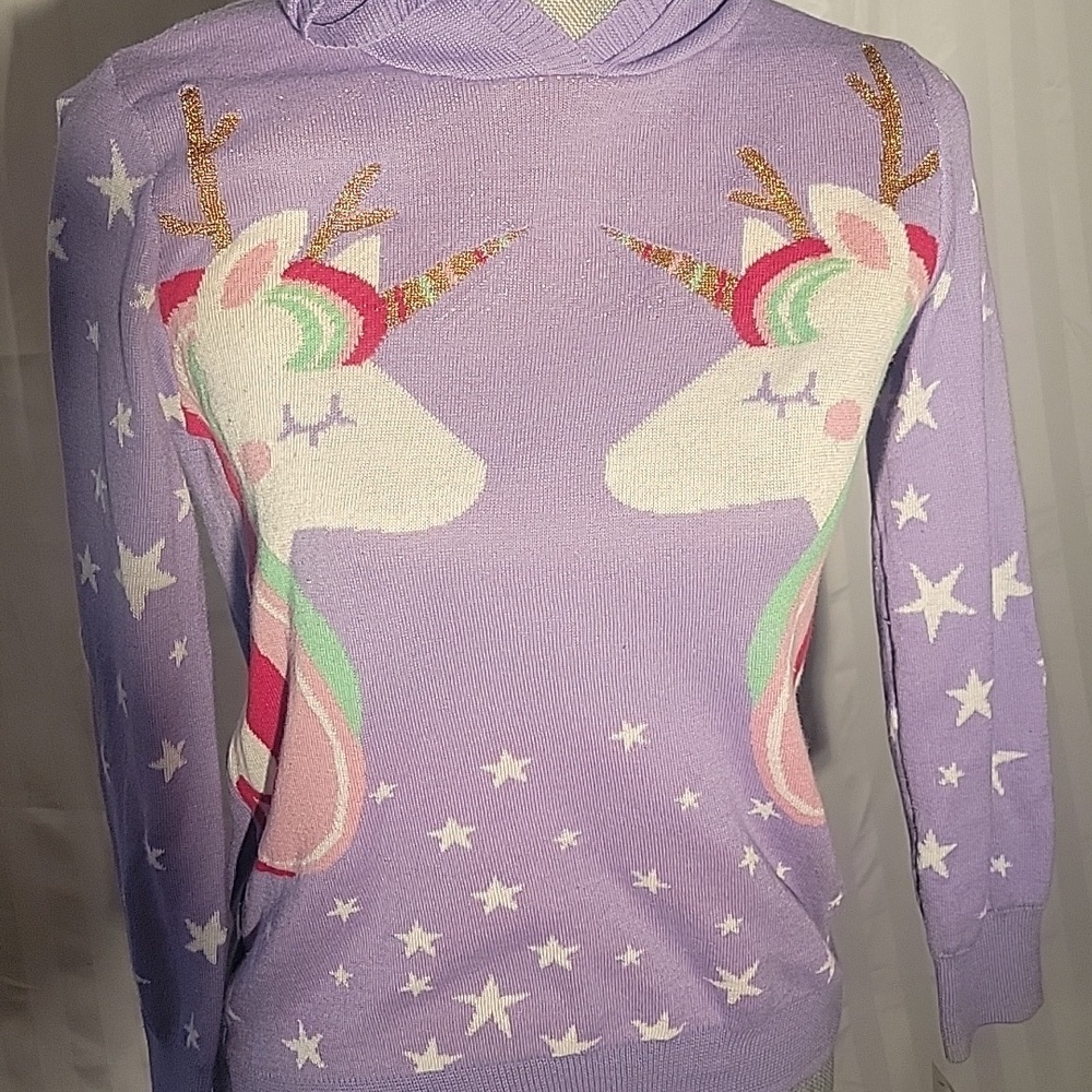 Girls Unicorn Holiday Hooded Lavender Sweater, Size: L, NWT - Picture 2 of 9